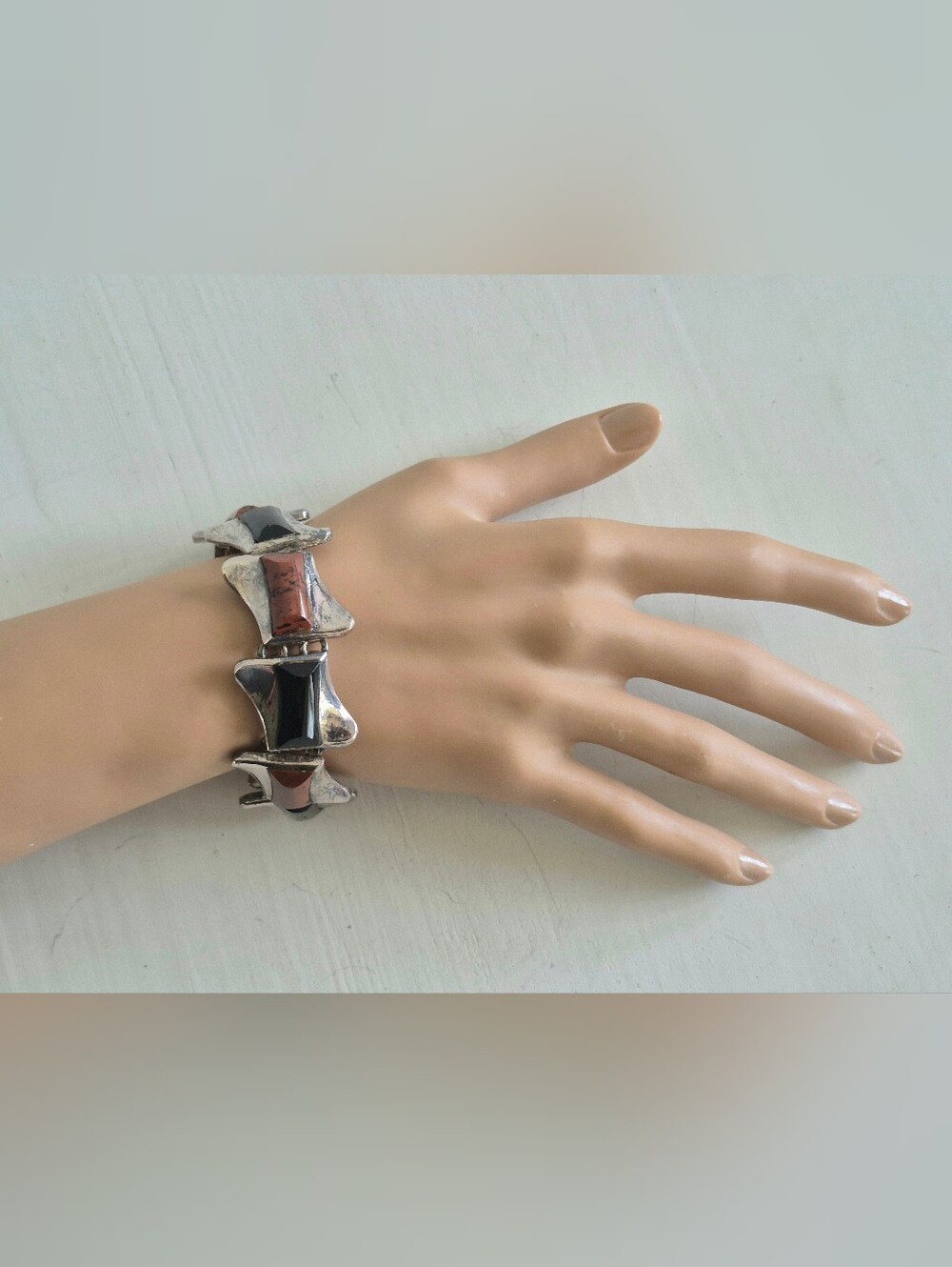 Artisan Sterling Silver Link Bracelet with Black Onyx & Mahogany Obsidian Inlays